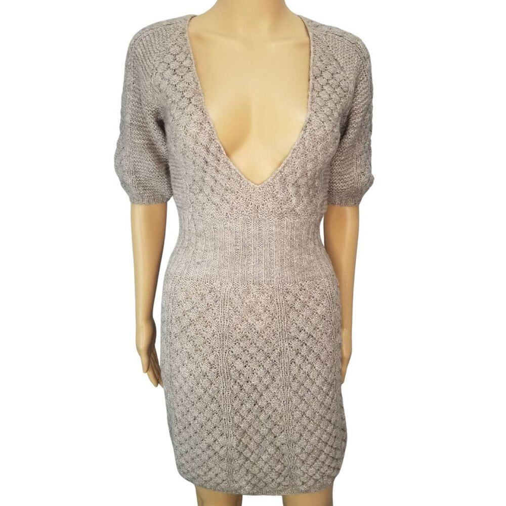 Wool Bodycon Gray Knit Sweater Mini Dress Deep Plunge Neckline Short Sleeve XS
